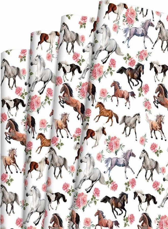 Bolsome 12 ورقة تغليف هدايا مزينة بالزهور والخيول، مستوحاة من سباق الخيل "Run for the Roses"، مثالية لحفلات أعياد الميلاد وسباق الخيل في كنتاكي، مقاس 19.7 × 27.6 بوصة. - Image 1